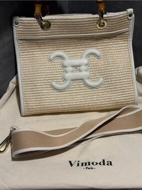 Vimoda Woven Straw Tote Bag in Natural and White Leather Trim and Bamboo Handles
